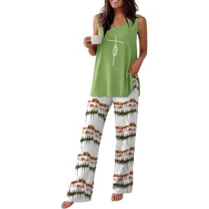 image:imageEkouaer Womens Pajamas Set Sleeveless Lounge Sets Comfy Tank Top and Pants Pjs Set V Neck 2 Piece Sleepwear SXXLTiedye Green