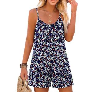 image:imageEkouaer Summer Rompers for Women Boho Beach Vacation Outfits Sleeveless Loose Shorts Overalls 2026 Jumpsuit With PocketsDark Blue Floral