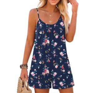 image:imageEkouaer Summer Rompers for Women Boho Beach Vacation Outfits Sleeveless Loose Shorts Overalls 2026 Jumpsuit With PocketsNavy Blue Floral
