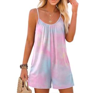 image:imageEkouaer Summer Rompers for Women Boho Beach Vacation Outfits Sleeveless Loose Shorts Overalls 2026 Jumpsuit With PocketsPink Tiedye