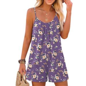 image:imageEkouaer Summer Rompers for Women Boho Beach Vacation Outfits Sleeveless Loose Shorts Overalls 2026 Jumpsuit With PocketsPurple Floral