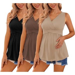 image:imageEkouaer Womens Maternity Tank Tops 3 Packs Sleeveless Nursing Tops V Neck Breastfeeding Shirts Pregnancy ClothesBlack  Brown  Khaki3pcs