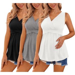 image:imageEkouaer Womens Maternity Tank Tops 3 Packs Sleeveless Nursing Tops V Neck Breastfeeding Shirts Pregnancy ClothesBlack  Grey  White3pcs
