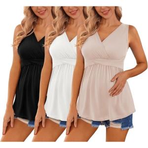 image:imageEkouaer Womens Maternity Tank Tops 3 Packs Sleeveless Nursing Tops V Neck Breastfeeding Shirts Pregnancy ClothesBlack  White  Beige3pcs