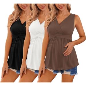 image:imageEkouaer Womens Maternity Tank Tops 3 Packs Sleeveless Nursing Tops V Neck Breastfeeding Shirts Pregnancy ClothesBlack  White  Brown3pcs