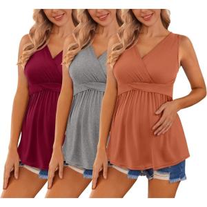 image:imageEkouaer Womens Maternity Tank Tops 3 Packs Sleeveless Nursing Tops V Neck Breastfeeding Shirts Pregnancy ClothesCaramel  Grey  Wine Red3pcs