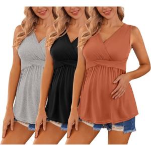 image:imageEkouaer Womens Maternity Tank Tops 3 Packs Sleeveless Nursing Tops V Neck Breastfeeding Shirts Pregnancy ClothesLight Grey  Black  Caramel3pcs