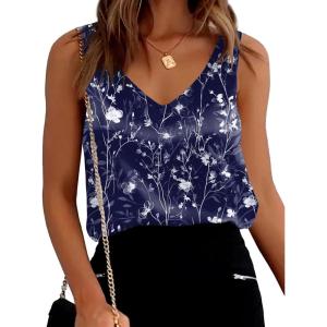 image:imageEkouaer Womens Silk Satin Tank Tops V Neck Casual Cami Sleeveless Camisole Blouses Summer Basic Tank ShirtFlowersNavy Blue