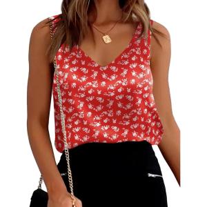 image:imageEkouaer Womens Silk Satin Tank Tops V Neck Casual Cami Sleeveless Camisole Blouses Summer Basic Tank ShirtRed Print