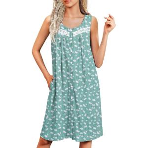 image:imageEkouaer Nightgowns for Women Button Up Sleepshirt Tank Sleeveless Nightshirt Soft Sleepwear with Pockets SXXXLLight Green White Florals