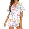 image:imageEkouaer Silk Pajamas for Women Short Sleeve Sleepwear Soft Button Down Loungewear 2 Piece Satin Pjs Shorts SetBow Knot White