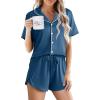 image:imageEkouaer Pajamas for Women Set Button Up Sleepwear 2 Piece Pjs Lounge Set Short Sleeve NightwearDark Blue