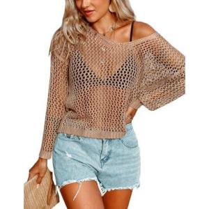 image:imageAIMAGE Womens Crochet Tops Long Sleeve Hollow Out Swim Cover Up 2026 Beach Bikini Swimsuit Summer Tunic TopApricot