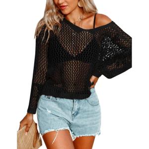 image:imageAIMAGE Womens Crochet Tops Long Sleeve Hollow Out Swim Cover Up 2026 Beach Bikini Swimsuit Summer Tunic TopBlack