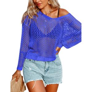 image:imageAIMAGE Womens Crochet Tops Long Sleeve Hollow Out Swim Cover Up 2026 Beach Bikini Swimsuit Summer Tunic TopBlue