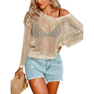 image:imageAIMAGE Womens Crochet Tops Long Sleeve Hollow Out Swim Cover Up 2026 Beach Bikini Swimsuit Summer Tunic TopCrean