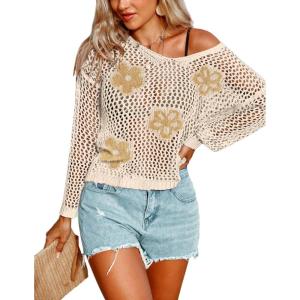 image:imageAIMAGE Womens Crochet Tops Long Sleeve Hollow Out Swim Cover Up 2026 Beach Bikini Swimsuit Summer Tunic TopCrean Flower