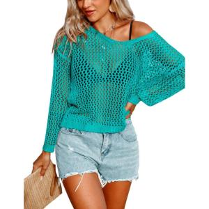 image:imageAIMAGE Womens Crochet Tops Long Sleeve Hollow Out Swim Cover Up 2026 Beach Bikini Swimsuit Summer Tunic TopLake Green