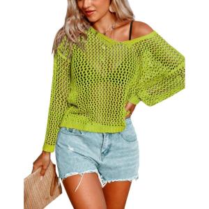 image:imageAIMAGE Womens Crochet Tops Long Sleeve Hollow Out Swim Cover Up 2026 Beach Bikini Swimsuit Summer Tunic TopLemon Green