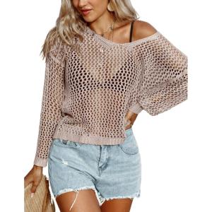 image:imageAIMAGE Womens Crochet Tops Long Sleeve Hollow Out Swim Cover Up 2026 Beach Bikini Swimsuit Summer Tunic TopLight Apricot