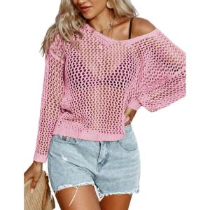 image:imageAIMAGE Womens Crochet Tops Long Sleeve Hollow Out Swim Cover Up 2026 Beach Bikini Swimsuit Summer Tunic TopLight Pink