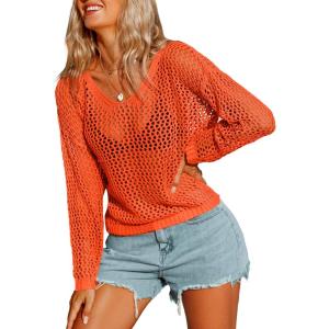 image:imageAIMAGE Womens Crochet Tops Long Sleeve Hollow Out Swim Cover Up 2026 Beach Bikini Swimsuit Summer Tunic TopOrange