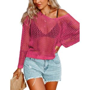 image:imageAIMAGE Womens Crochet Tops Long Sleeve Hollow Out Swim Cover Up 2026 Beach Bikini Swimsuit Summer Tunic TopRose Red