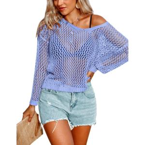 image:imageAIMAGE Womens Crochet Tops Long Sleeve Hollow Out Swim Cover Up 2026 Beach Bikini Swimsuit Summer Tunic TopSky Blue