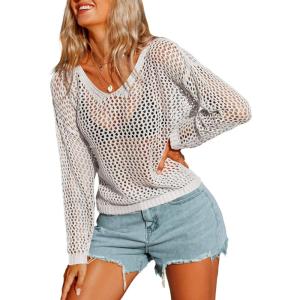image:imageAIMAGE Womens Crochet Tops Long Sleeve Hollow Out Swim Cover Up 2026 Beach Bikini Swimsuit Summer Tunic TopWhite