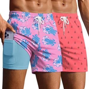 image:imageEkouaer 2 Pack Mens Swim Trunks 5 with Compression Liner 2 in 1 Board Shorts Quick Dry Bathing Suit Swimwear Zipper PocketAnchor CoralTortoise Pink