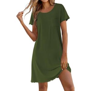 image:imageEkouaer Bamboo Viscose Sleep Shirts for Women Soft Nightgowns Short Sleeve Ruffled Night Shirts with Chest Pocket S3XLArmy Green