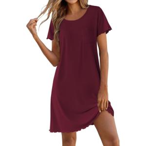 image:imageEkouaer Bamboo Viscose Sleep Shirts for Women Soft Nightgowns Short Sleeve Ruffled Night Shirts with Chest Pocket S3XLDeep Red