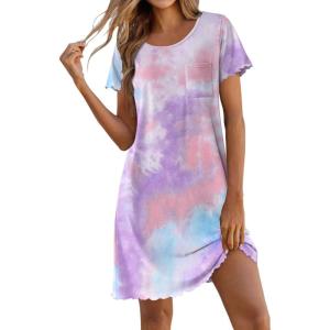 image:imageEkouaer Bamboo Viscose Sleep Shirts for Women Soft Nightgowns Short Sleeve Ruffled Night Shirts with Chest Pocket S3XLTie Dye Blue