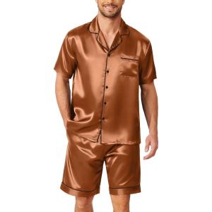 image:imageEkouaer Mens Pajamas Set Silk Satin Sleepwear Short Sleeve Button Down Pjs Set 2 Piece Loungewear with Pockets SXXLBrown
