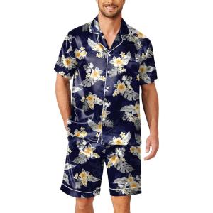 image:imageEkouaer Mens Pajamas Set Silk Satin Sleepwear Short Sleeve Button Down Pjs Set 2 Piece Loungewear with Pockets SXXLHawaiian Flowers