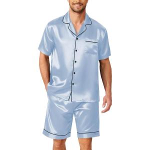 image:imageEkouaer Mens Pajamas Set Silk Satin Sleepwear Short Sleeve Button Down Pjs Set 2 Piece Loungewear with Pockets SXXLLight Blue