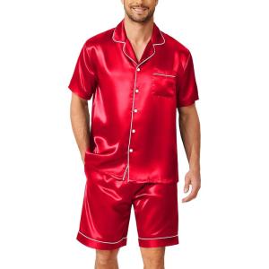 image:imageEkouaer Mens Pajamas Set Silk Satin Sleepwear Short Sleeve Button Down Pjs Set 2 Piece Loungewear with Pockets SXXLRed