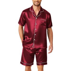 image:imageEkouaer Mens Pajamas Set Silk Satin Sleepwear Short Sleeve Button Down Pjs Set 2 Piece Loungewear with Pockets SXXLWine