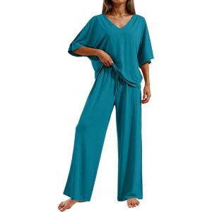 image:imageEkouaer Pajama Sets for Women 2 Piece Lounge Set Short Sleeve Tops and Long Pants Soft Comfy Pjs Sleepwear Outfits SXXLBlue Green