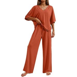 image:imageEkouaer Pajama Sets for Women 2 Piece Lounge Set Short Sleeve Tops and Long Pants Soft Comfy Pjs Sleepwear Outfits SXXLCaramel