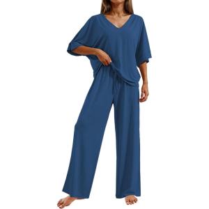 image:imageEkouaer Pajama Sets for Women 2 Piece Lounge Set Short Sleeve Tops and Long Pants Soft Comfy Pjs Sleepwear Outfits SXXLDark Blue