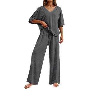 image:imageEkouaer Pajama Sets for Women 2 Piece Lounge Set Short Sleeve Tops and Long Pants Soft Comfy Pjs Sleepwear Outfits SXXLDark Grey