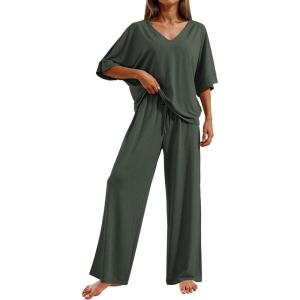 image:imageEkouaer Pajama Sets for Women 2 Piece Lounge Set Short Sleeve Tops and Long Pants Soft Comfy Pjs Sleepwear Outfits SXXLDeep Army Green