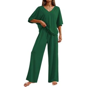 image:imageEkouaer Pajama Sets for Women 2 Piece Lounge Set Short Sleeve Tops and Long Pants Soft Comfy Pjs Sleepwear Outfits SXXLGreen
