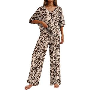 image:imageEkouaer Pajama Sets for Women 2 Piece Lounge Set Short Sleeve Tops and Long Pants Soft Comfy Pjs Sleepwear Outfits SXXLLeopard