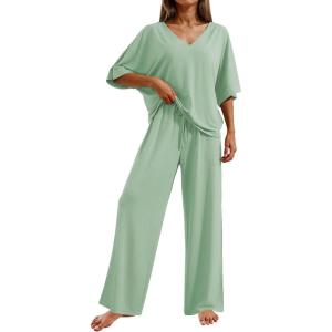 image:imageEkouaer Pajama Sets for Women 2 Piece Lounge Set Short Sleeve Tops and Long Pants Soft Comfy Pjs Sleepwear Outfits SXXLLight Green