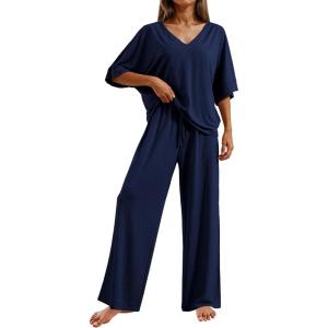 image:imageEkouaer Pajama Sets for Women 2 Piece Lounge Set Short Sleeve Tops and Long Pants Soft Comfy Pjs Sleepwear Outfits SXXLNavy