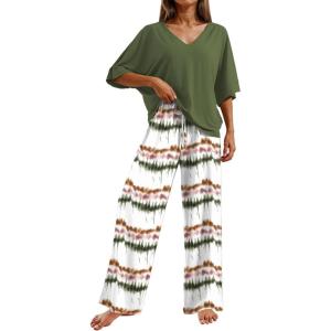 image:imageEkouaer Pajama Sets for Women 2 Piece Lounge Set Short Sleeve Tops and Long Pants Soft Comfy Pjs Sleepwear Outfits SXXLOmbre Green