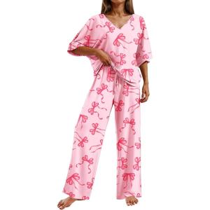 image:imageEkouaer Pajama Sets for Women 2 Piece Lounge Set Short Sleeve Tops and Long Pants Soft Comfy Pjs Sleepwear Outfits SXXLPink Bow Knot