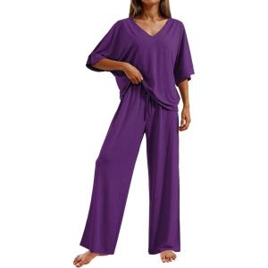 image:imageEkouaer Pajama Sets for Women 2 Piece Lounge Set Short Sleeve Tops and Long Pants Soft Comfy Pjs Sleepwear Outfits SXXLPurple